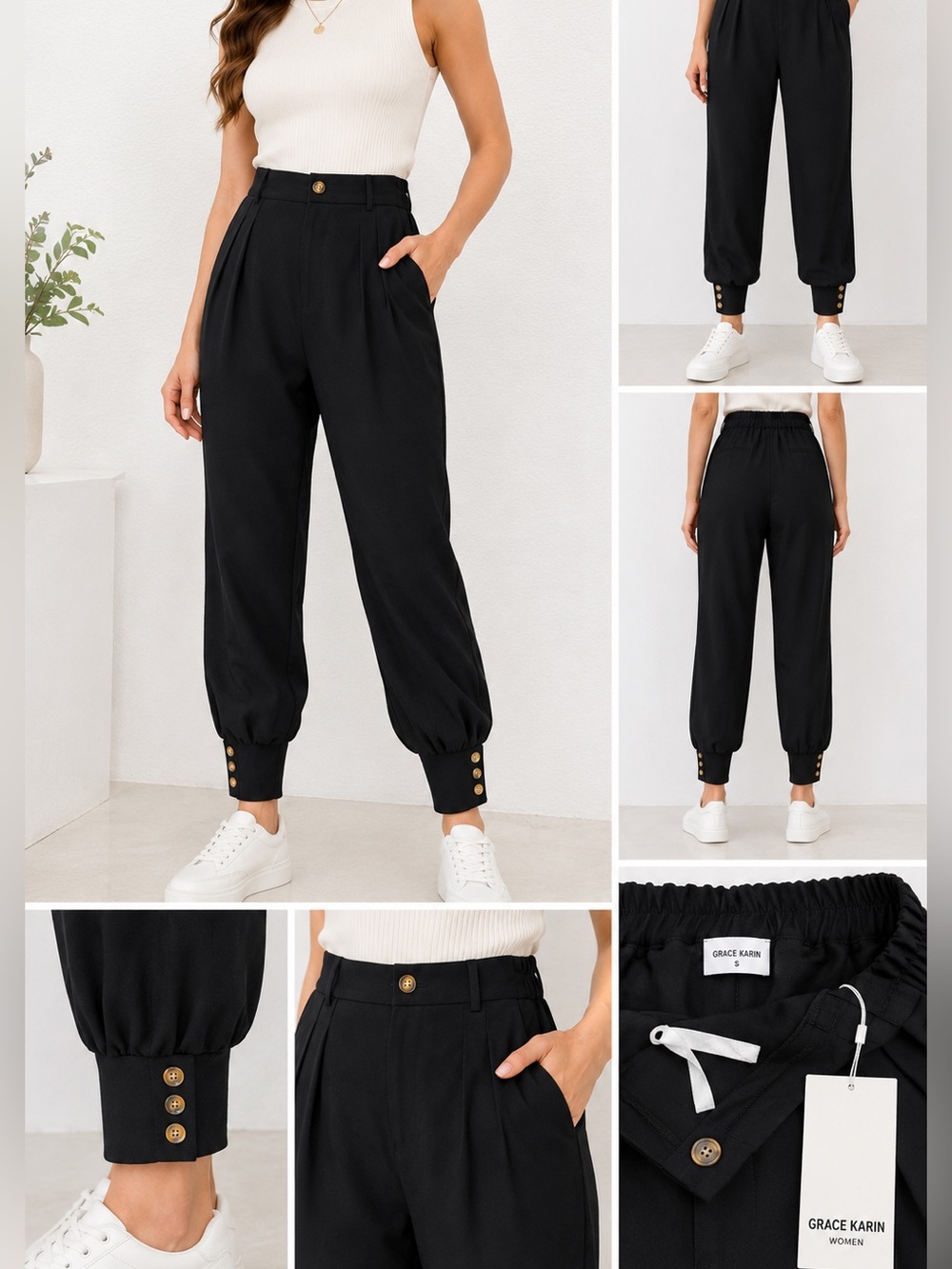 Grace Karin Black High Rise Ankle Pants Button Cuff Trousers NWT Small Jogger